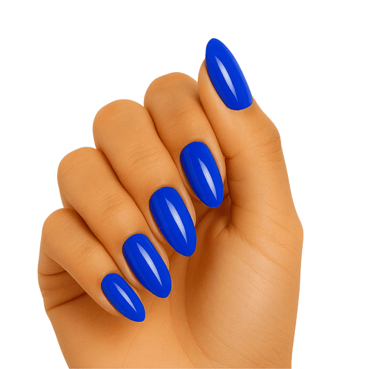 Royal blue glossy gel nail wraps on hand showing oval shaped manicure