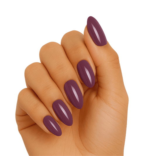 Smoky rose purple gel nail wraps on hand showing glossy mauve finish