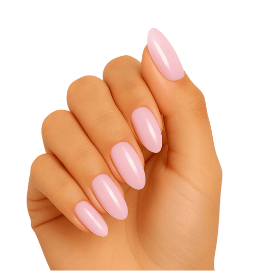 Glossy soft pink gel nail wraps on hand showing minimalist nail art design