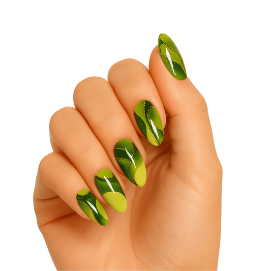 Green gel nail wraps with botanical leaf design on hand for natural manicure
