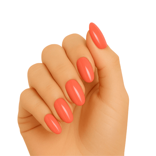 Coral orange glossy gel nails on hand showing vibrant tangerine manicure finish
