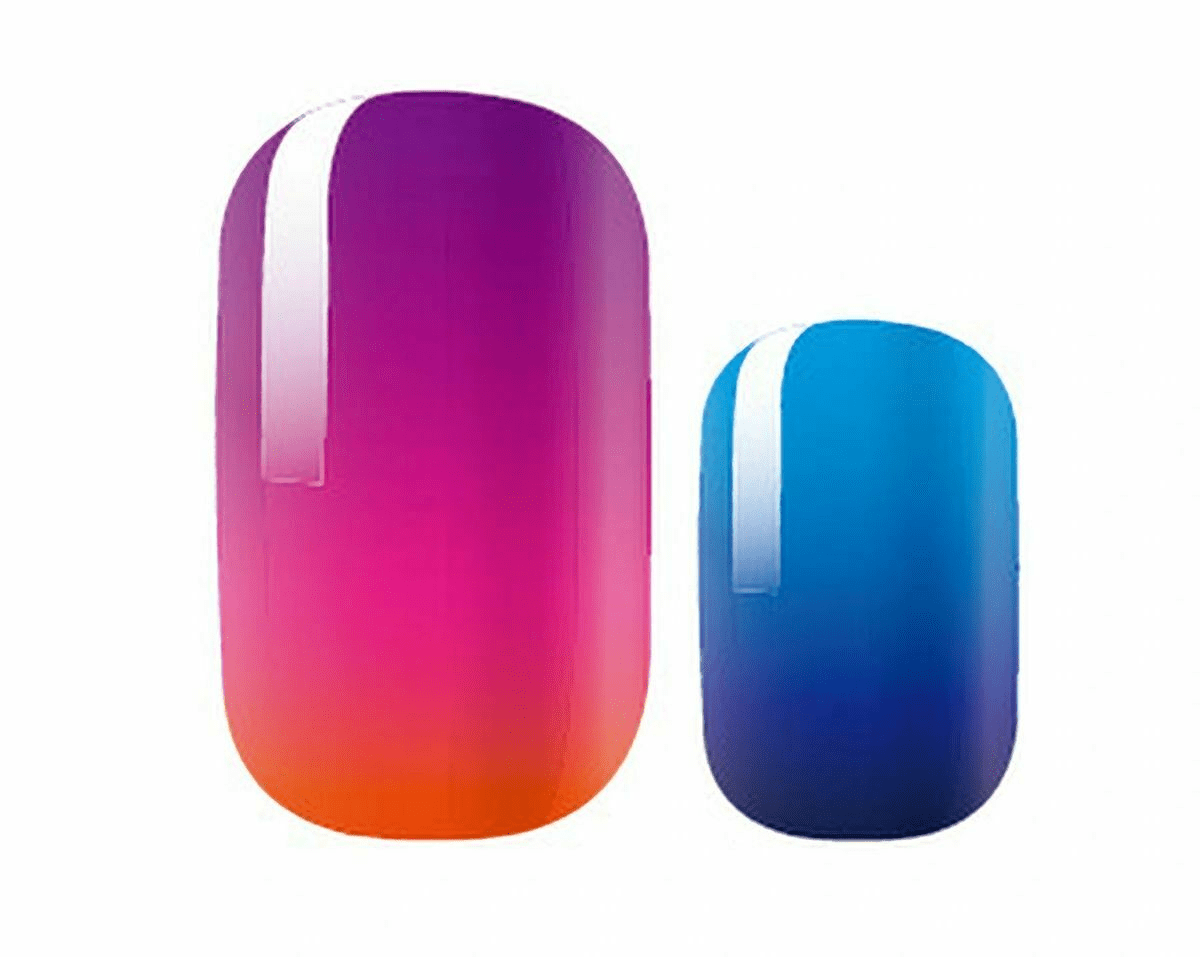 Purple pink orange blue gradient glitter nail wraps showing ombre chrome manicure design