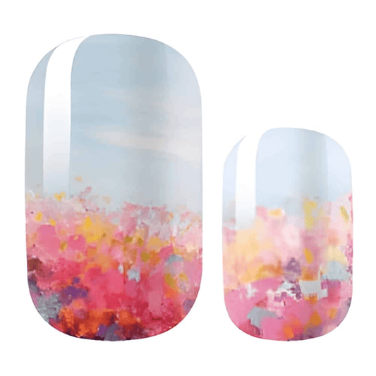 Blue and coral watercolour gradient nail wraps with abstract floral pattern