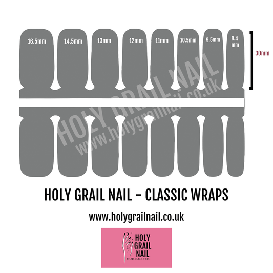 Nail wrap sizing chart template showing multiple widths for perfect at-home manicure fit