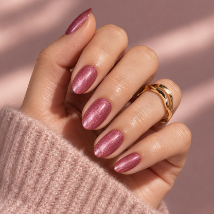 Rose pink shimmer semi-cured gel nail wraps on almond-shaped nails, glossy finish.
