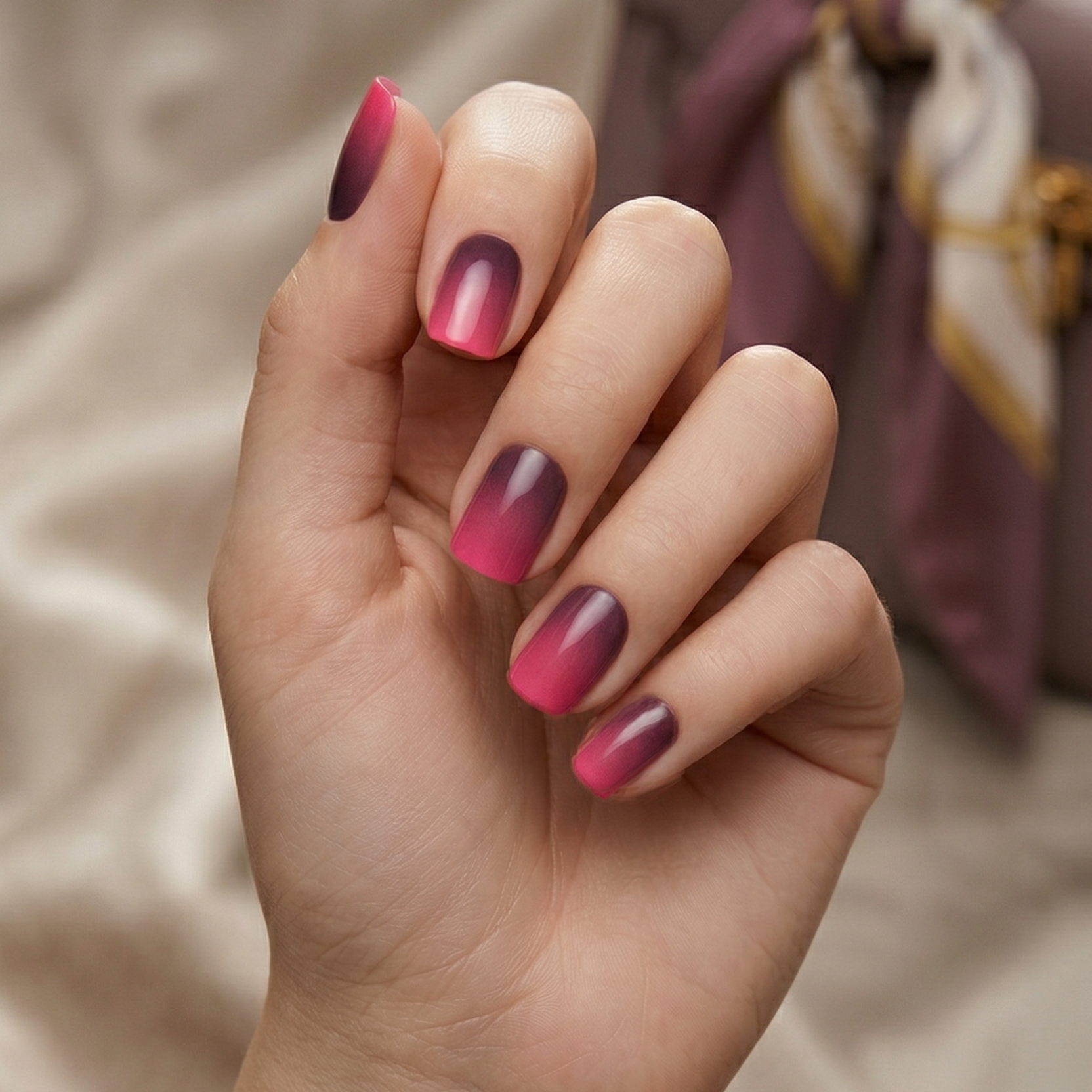 Alternating pink and burgundy ombre gel nails on hand displaying gradient nail art
