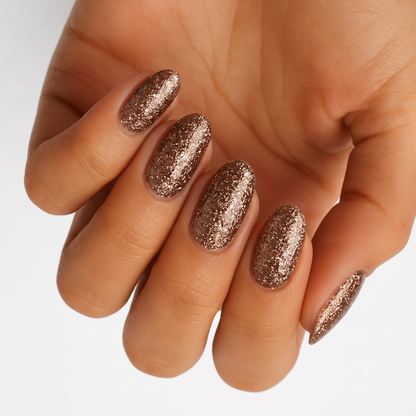 Bronze rose gold metallic foil semi-cured gel nail wraps on almond nails