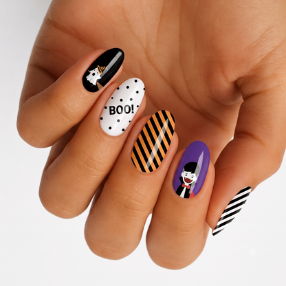Halloween nail wraps with ghost, "BOO!" polka dots, orange stripes, and vampire design