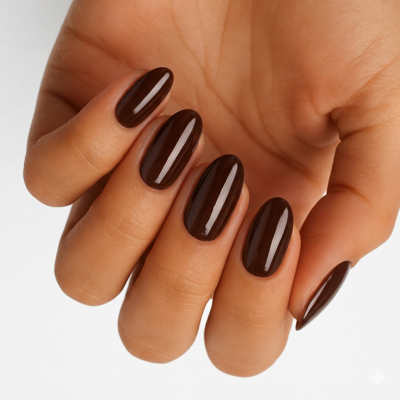 Dark brown glossy gel nail wraps on hand showing coffee bean inspired at-home manicure