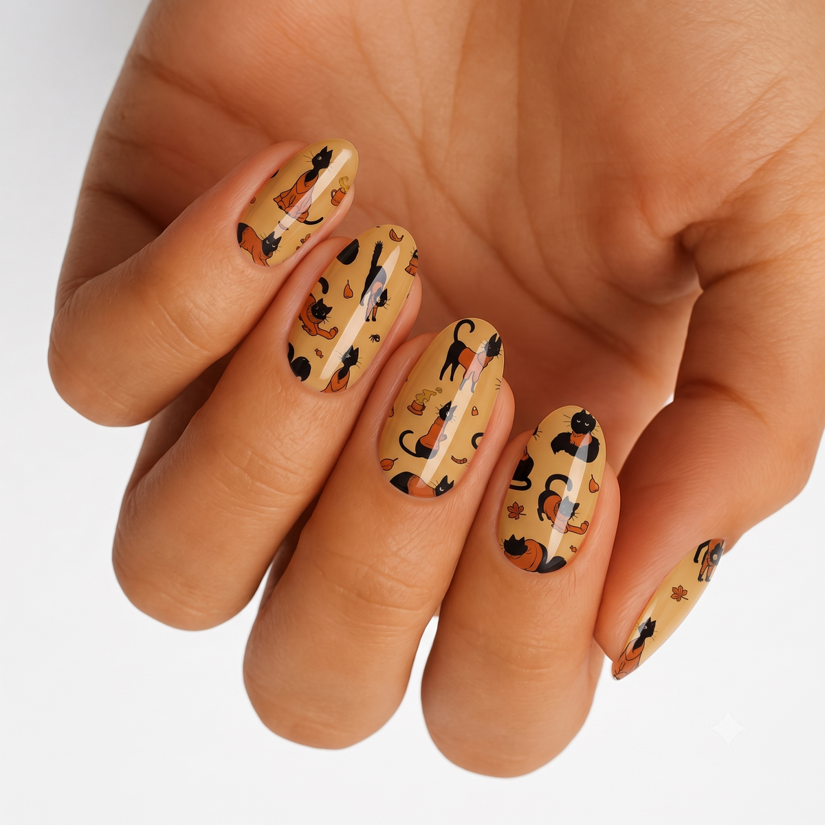 Tan matte semi-cured gel nail wraps with black cats and autumn leaf design.