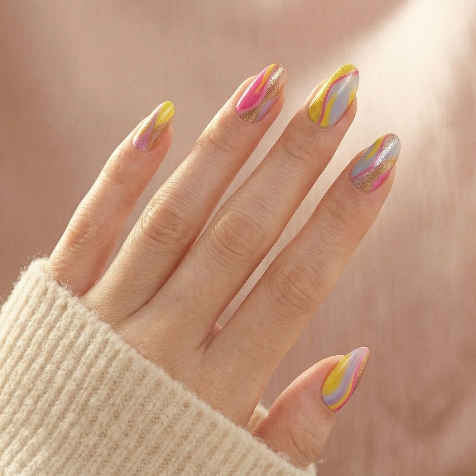 Colourful nail wraps with pink yellow geometric stripes on almond shaped nails on hand