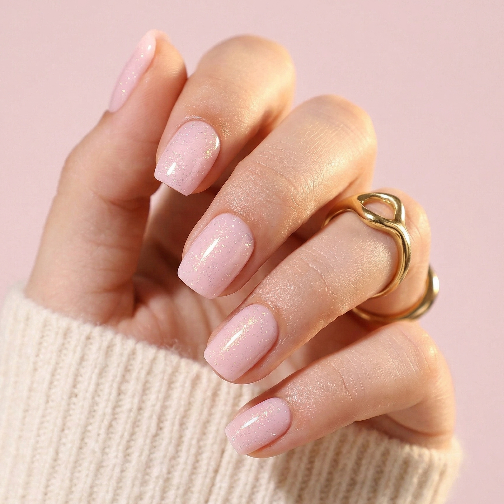 Soft pink glitter square press-on nails with shimmer finish on hand with gold rings