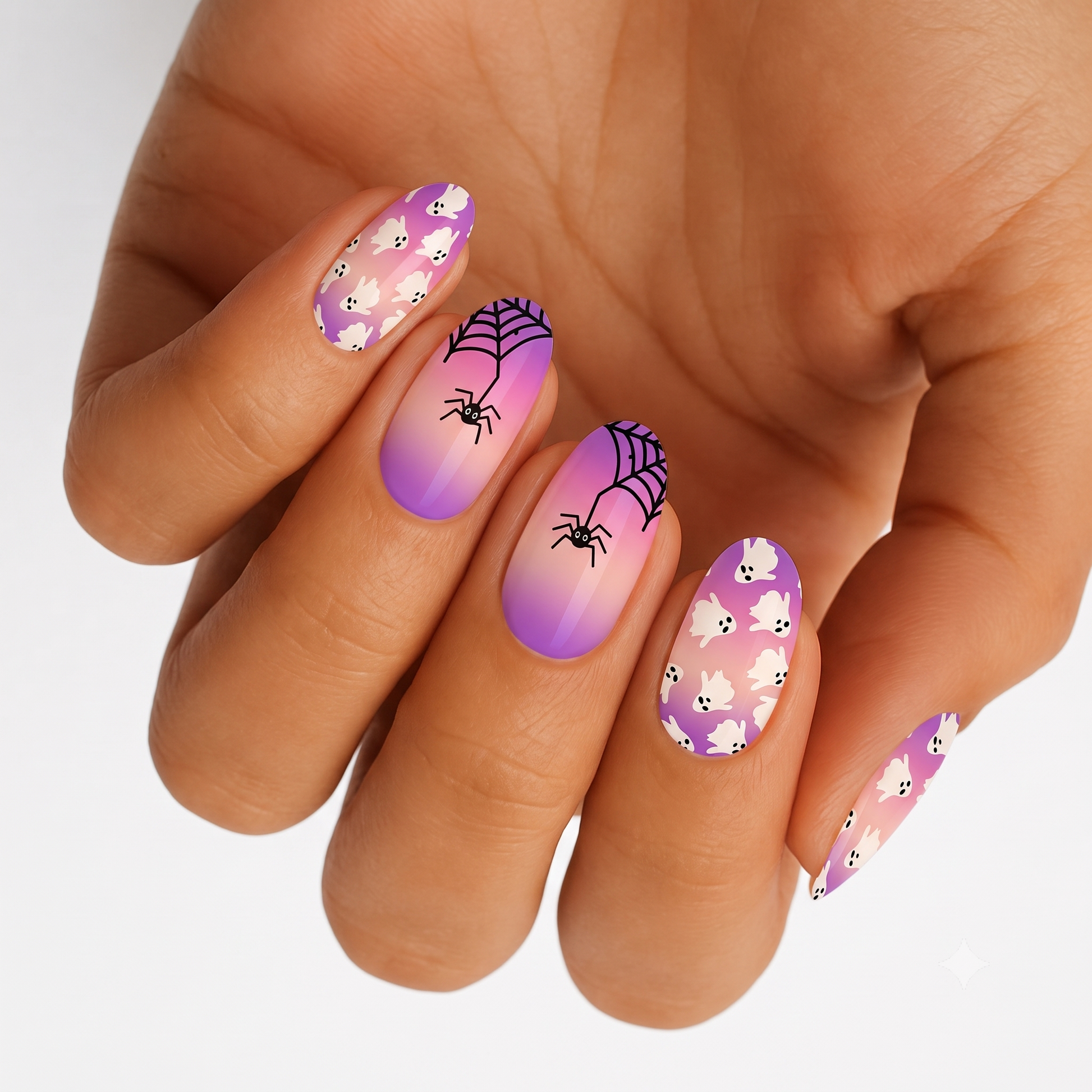 Purple-pink ombré nail wraps with Halloween ghosts, spiders, and web design