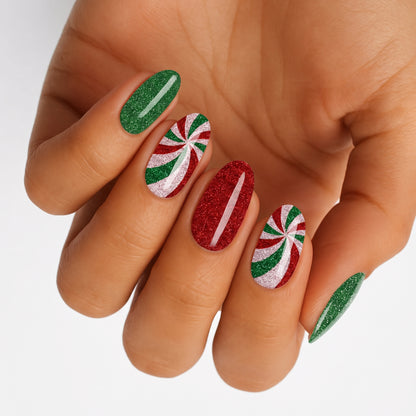 Holy Classics nail wraps, glittery red and green peppermint swirl Christmas design