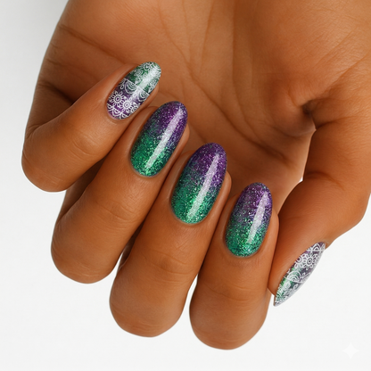 Purple turquoise ombre glitter nail wraps with mandala pattern on hand