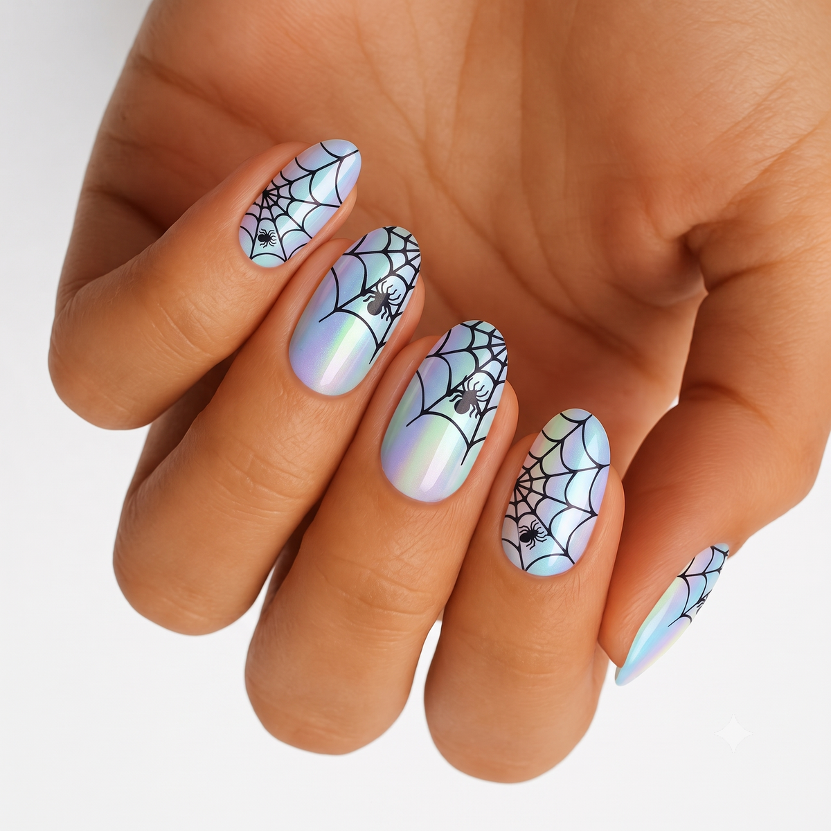 Iridescent pearl press-on nails with black spiderweb and spider Halloween design
