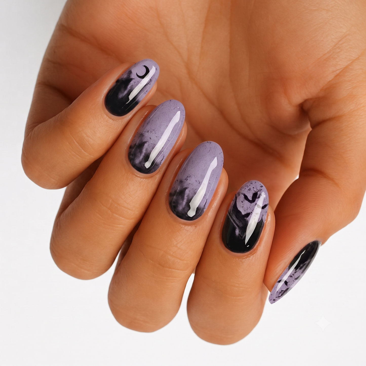 Semi-cured gel nail wraps in lavender-black smoky ombré with crescent moon and bat design