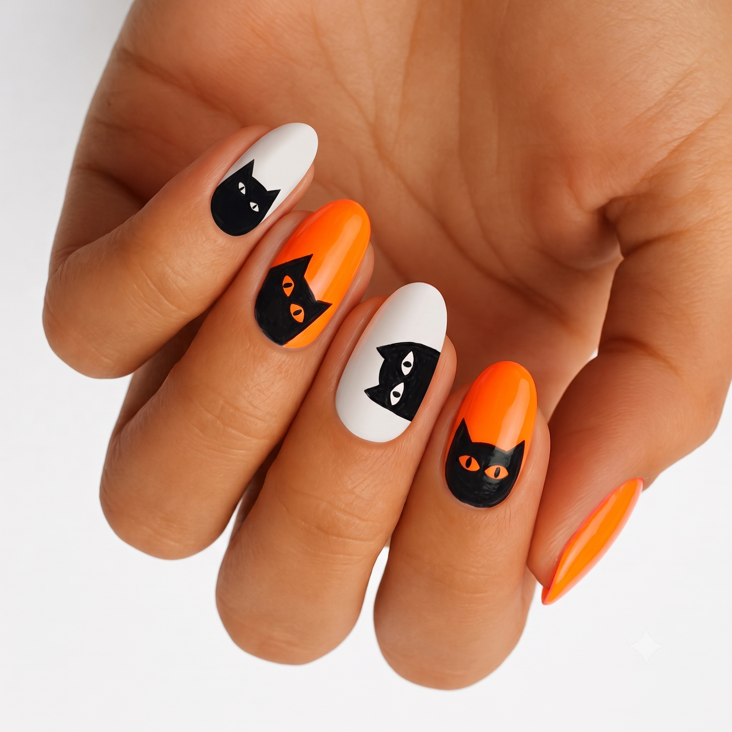 Glossy orange and white semi-cured gel nail wraps with black cat face Halloween design