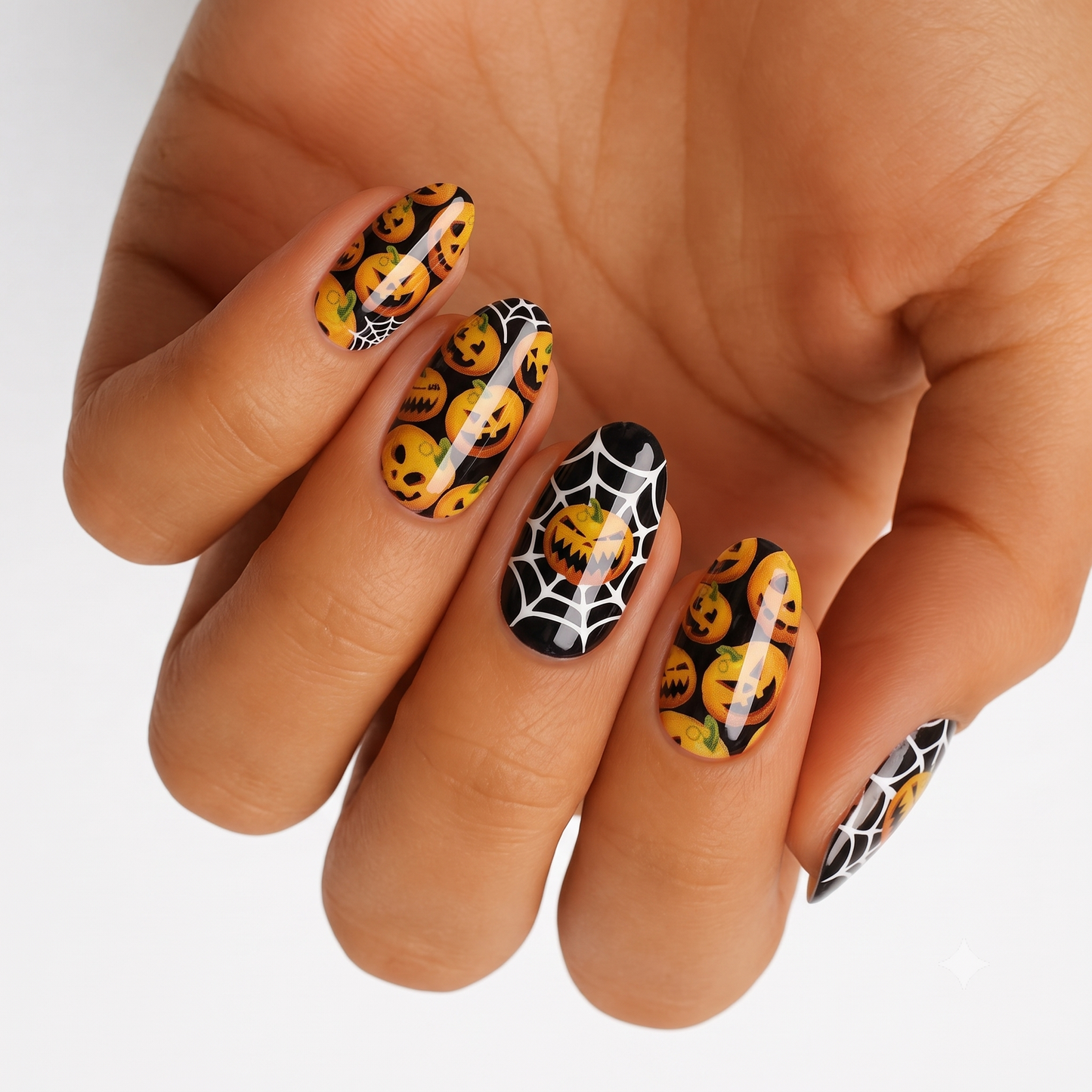 Black nail wraps with orange jack-o'-lantern pumpkins and white spiderweb Halloween design
