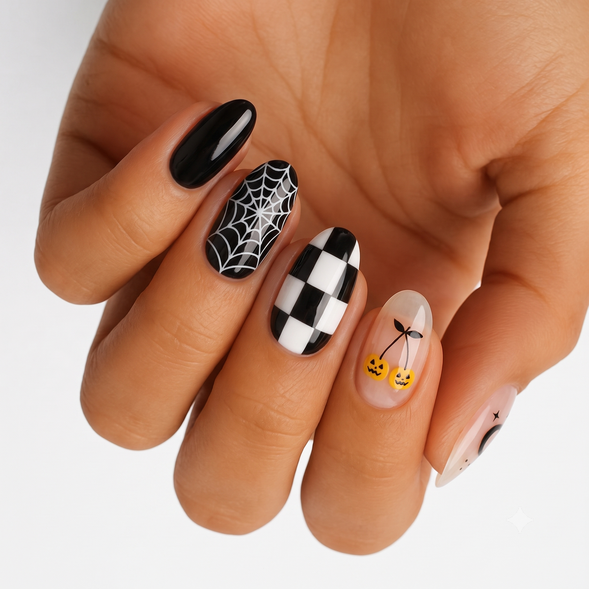 Halloween press-on nails with black gloss, spiderweb, checkerboard, and pumpkin cherry design
