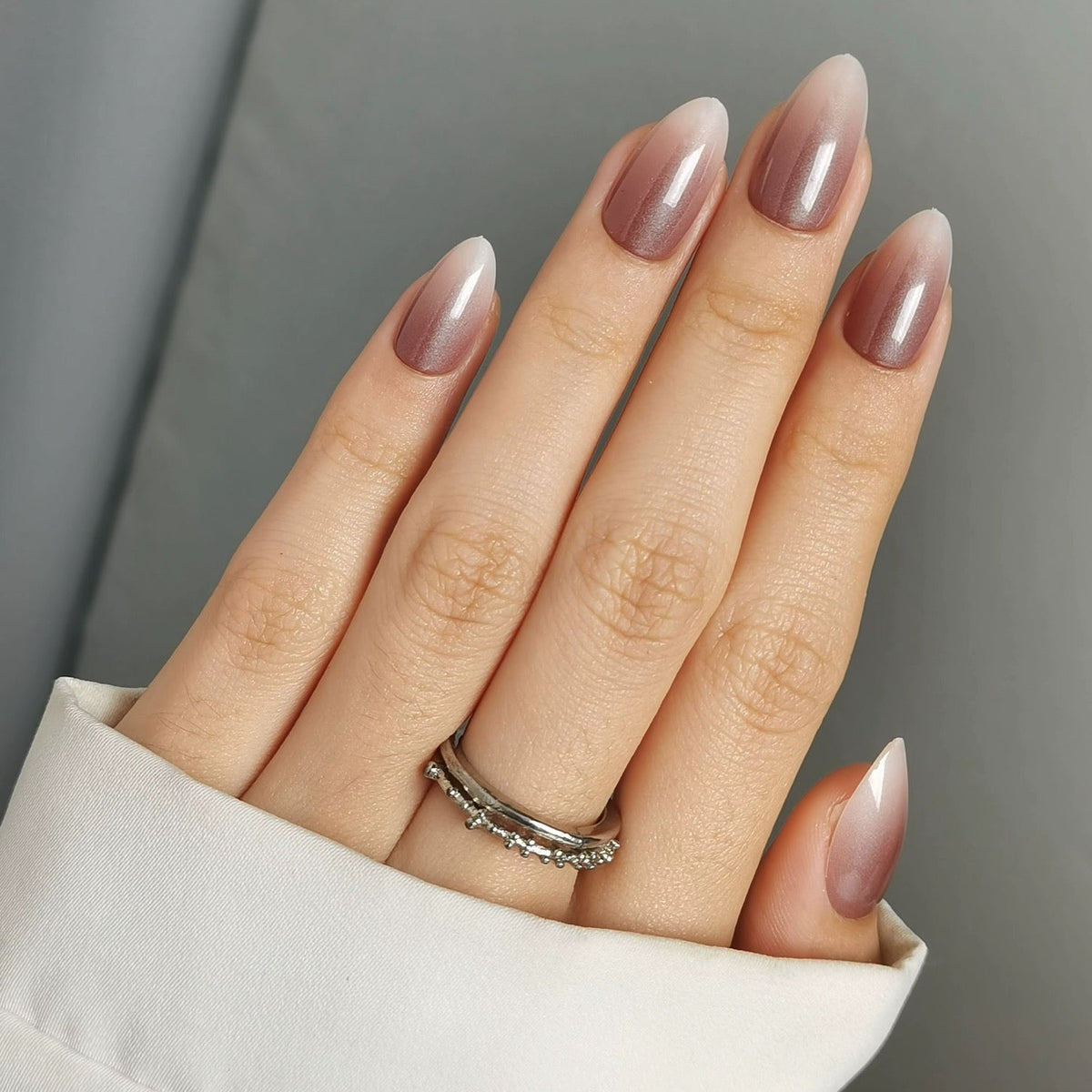 Mauve-brown ombre semi-cured gel nail wraps with glossy finish on almond-shaped nails