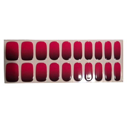 Pink to burgundy ombre gel nail wraps sheet showing 20 gradient semi-cured nails