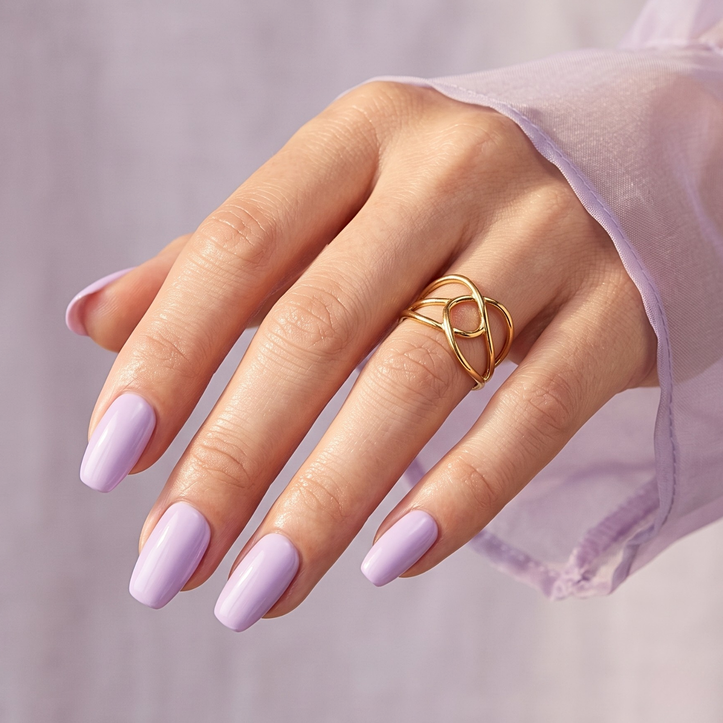 Solid lavender purple glossy semi-cured gel nail wraps on square-tapered nails