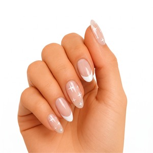Glossy nude nail wraps with white French tips and star sparkle accents