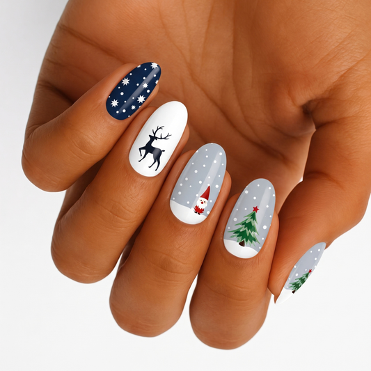 Holy Classics nail wraps: navy starry sky, white reindeer, grey Santa and tree designs