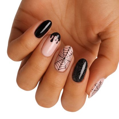 Halloween nail wraps: glossy black, glitter drip, and nude spiderweb designs