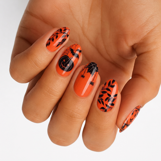 Orange glossy nail wraps with black Halloween pumpkin, spider, web, and leaf designs.