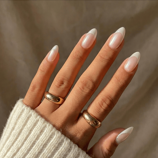 Pearly white French tip semi-cured gel nail wraps on almond-shaped nails