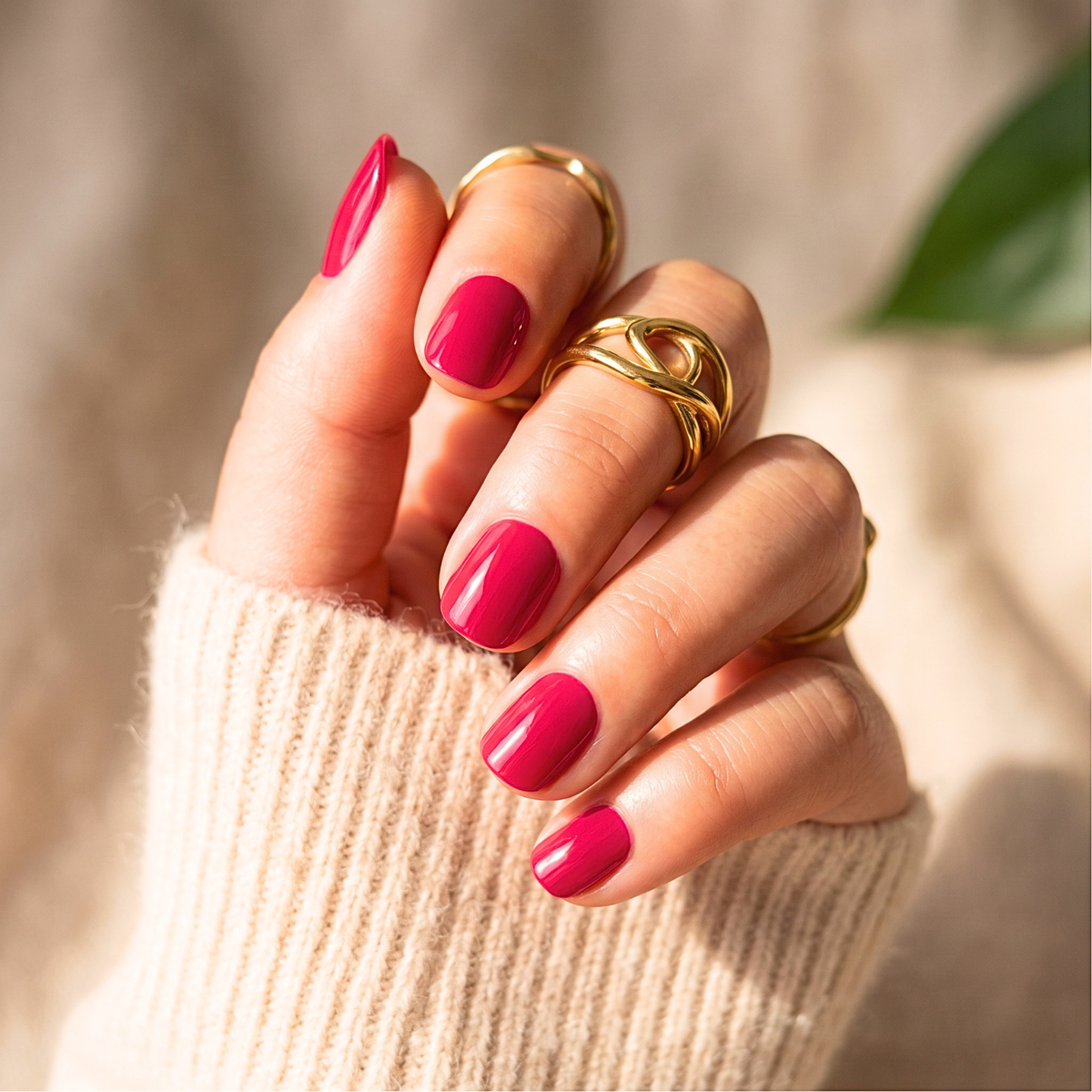 Short square soft gel press-on nails in glossy raspberry-pink, solid colour finish.