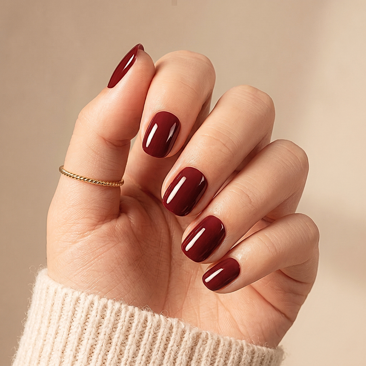 Dark burgundy glossy soft gel press-on nails in a short squoval shape.