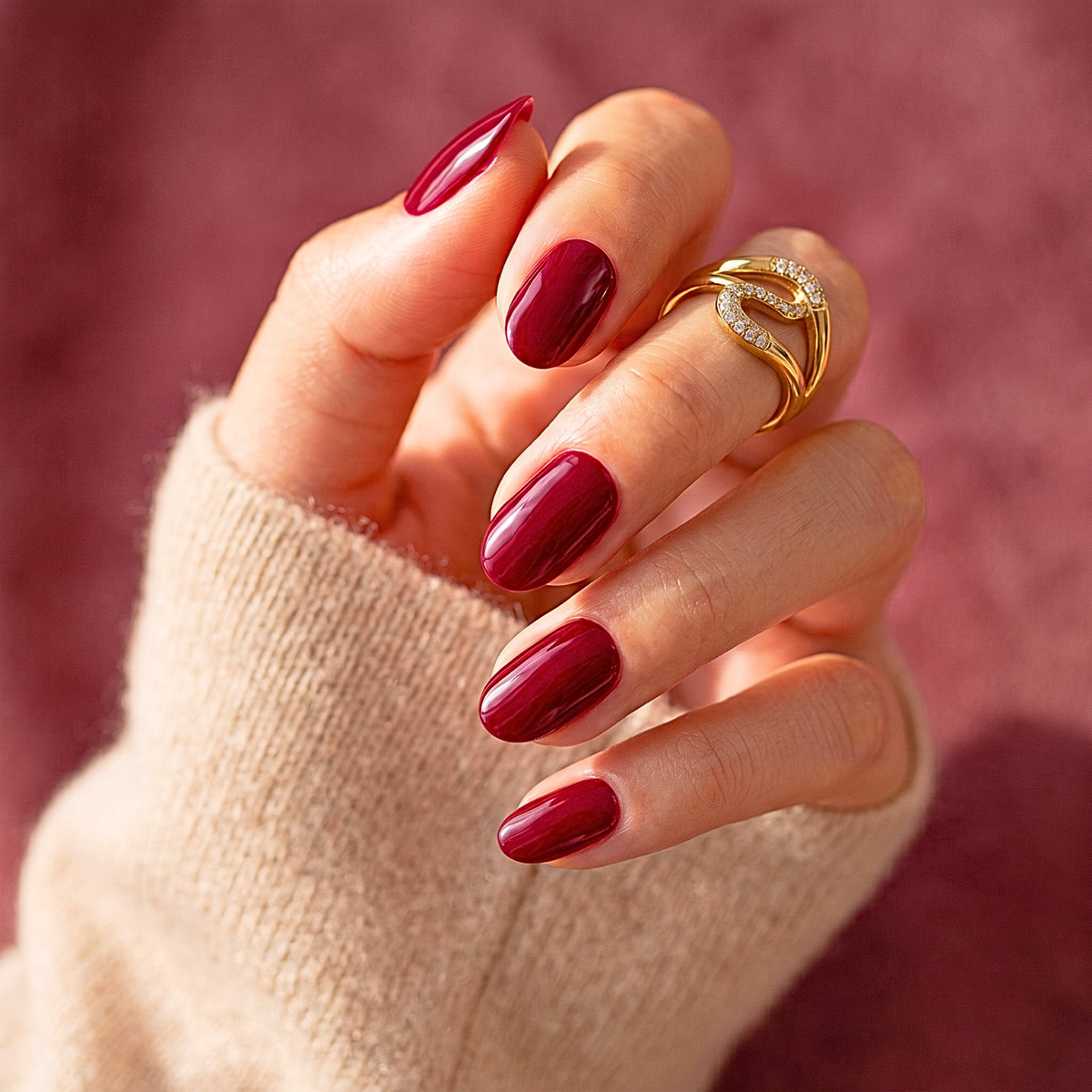 Deep wine-red glossy short oval soft gel press-on nails, solid high-shine finish