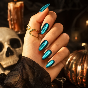 Teal metallic chrome press-on nails, long stiletto shape, glossy finish