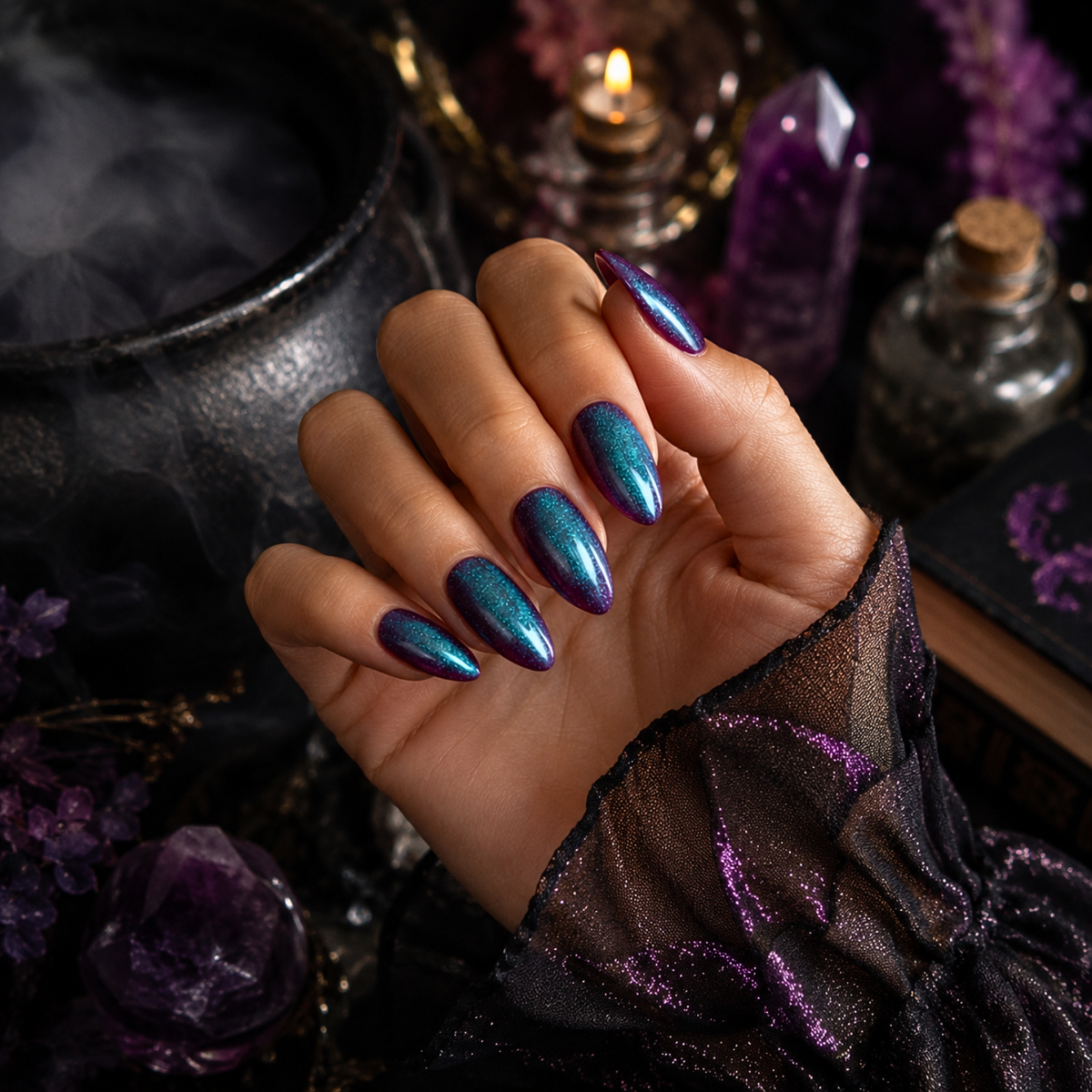 Soft gel press-ons, short almond, teal-to-purple cat's eye shimmer finish