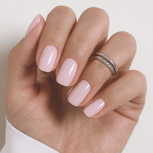 Sheer light pink glossy semi-cured gel nail wraps on short square nails
