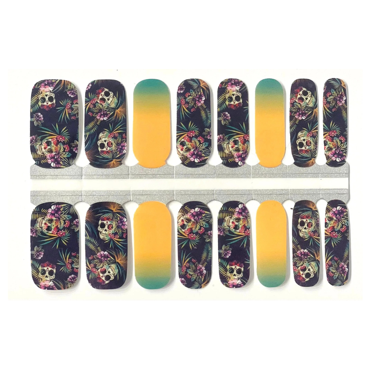 Nail wraps with floral sugar skull print, paired with teal-to-yellow ombre accent nails.