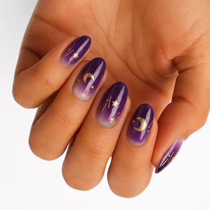 Purple ombre semi-cured gel nail wraps with gold moon and star celestial design