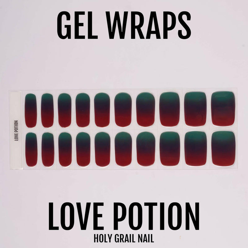 Love Potion gel nail wraps sheet showing green burgundy ombre gradient design