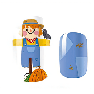 Autumn themed kids nail wraps featuring scarecrow character with pumpkin and blue denim design