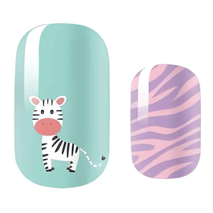 Mint green kids nail wraps with cute zebra character and purple stripe design