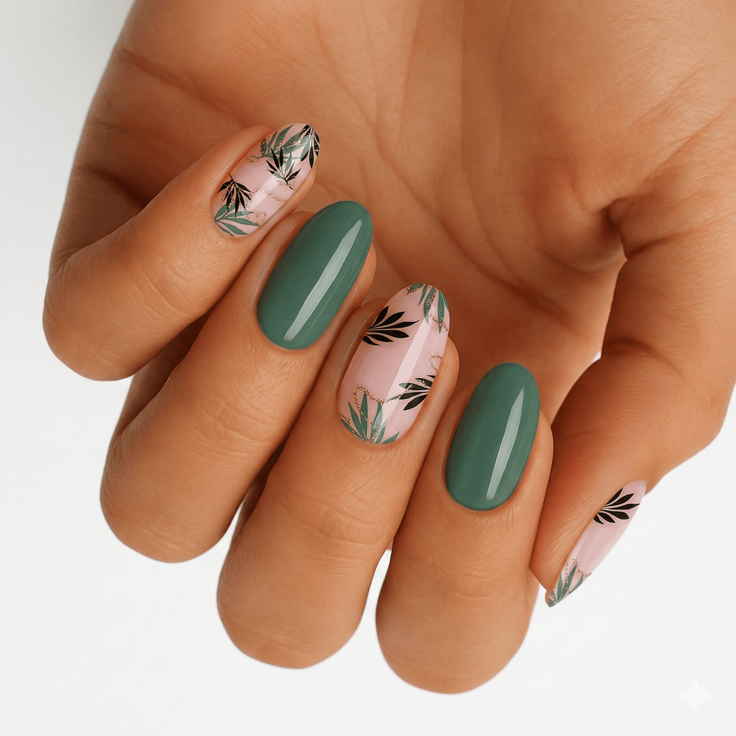 Green and pink nail wraps with botanical fern leaf pattern on hand manicure