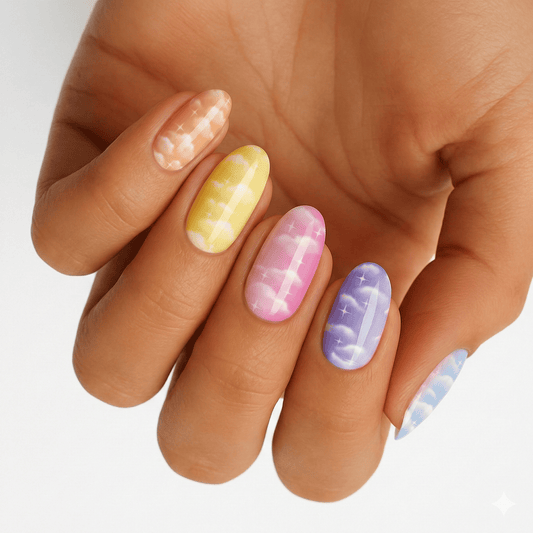 Pastel cloud pattern nail wraps on hand in yellow pink purple non-UV design