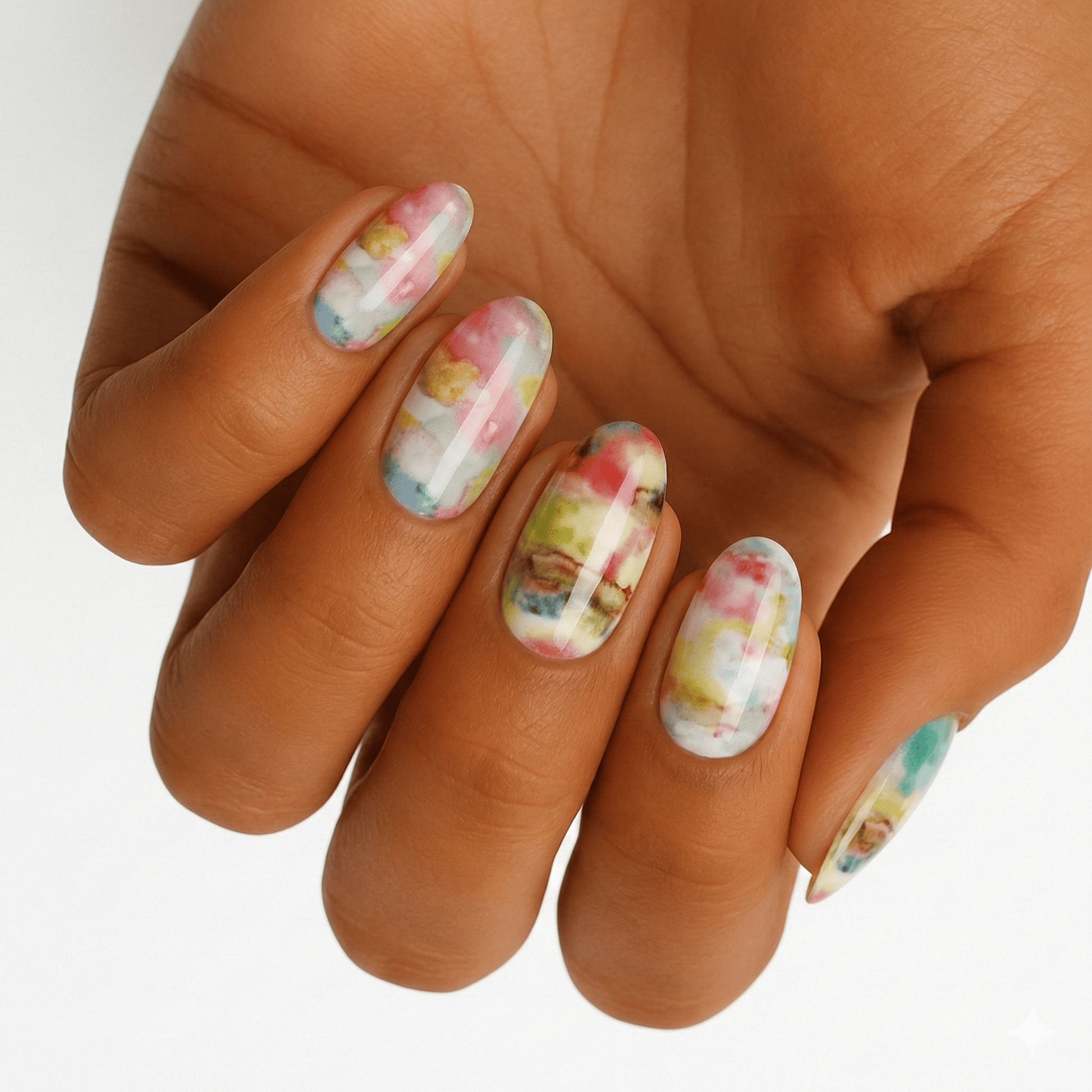 Hand wearing pastel watercolour nail wraps with abstract dreamy design in pink and green