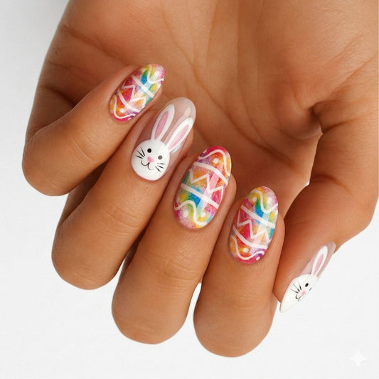 Colourful Easter bunny nail art wraps on hand featuring rainbow geometric patterns and white rabbits