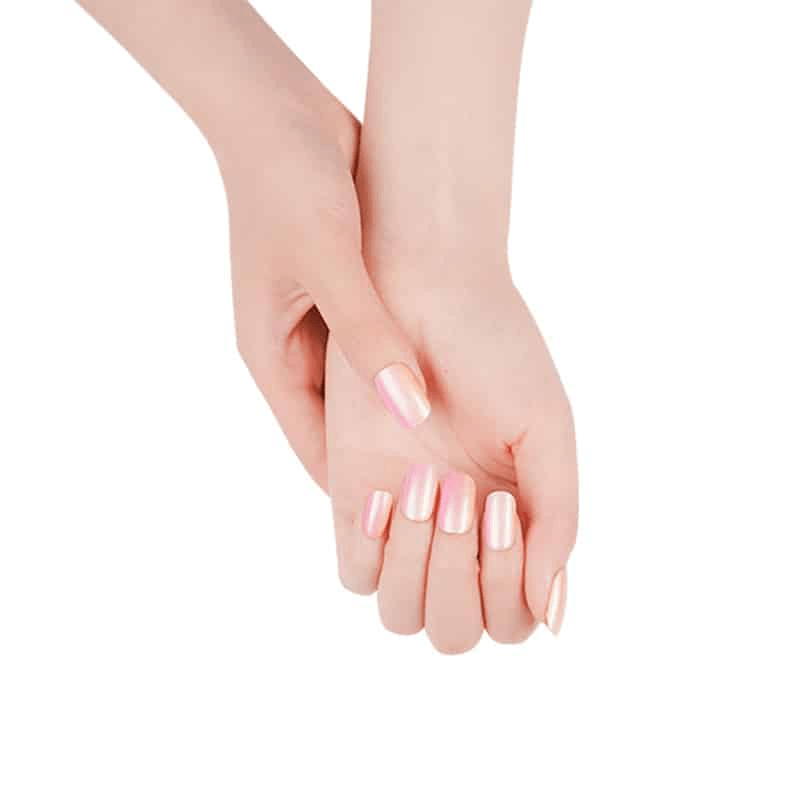 Hands showing glossy pink coral ombre nail wraps in sunset gradient tones