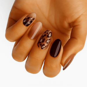 Brown leopard print gel nail wraps with glossy finish on hand manicure