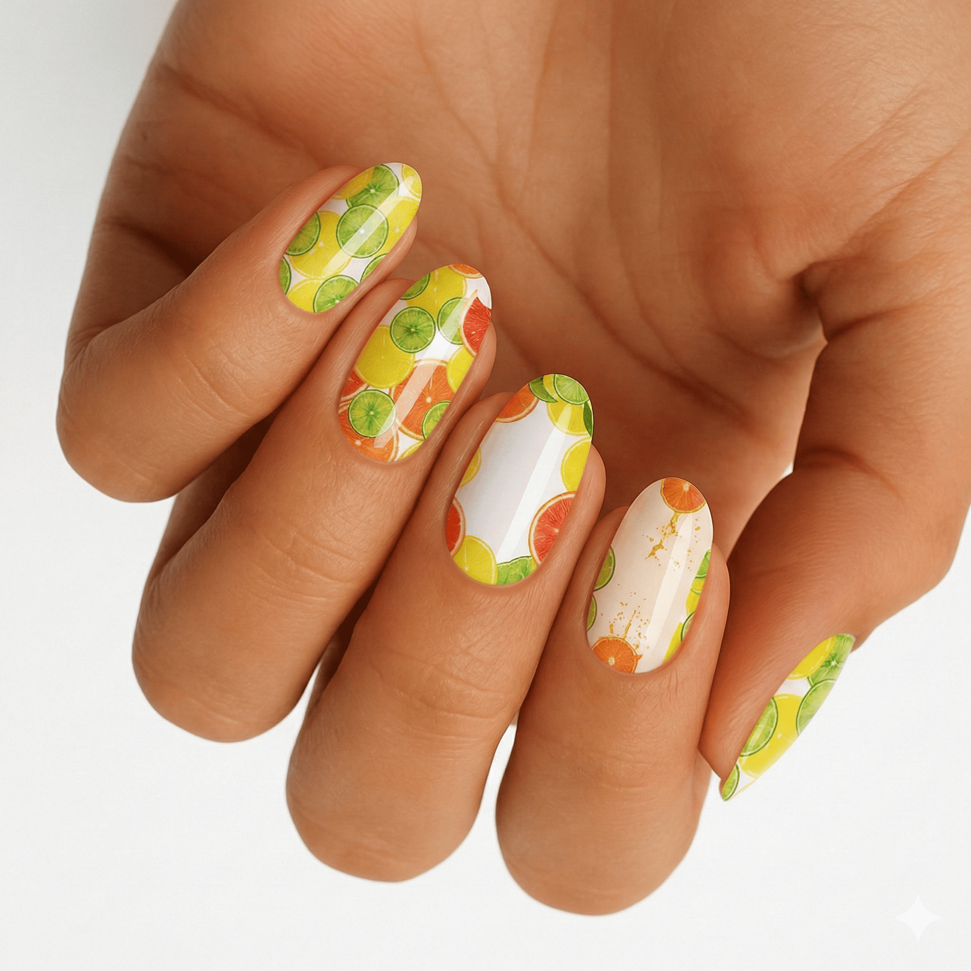 Citrus fruit nail wraps on hand with yellow, orange and green botanical patterns